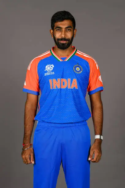 NEW YORK, NEW YORK - MAY 28: Jasprit Bumrah of India poses for a portrait prior to the ICC Men's T20 Cricket World Cup West Indies & USA 2024 on May 28, 2024 in New York, New York. (Photo by Alex Davidson-ICC/ICC via Getty Images)